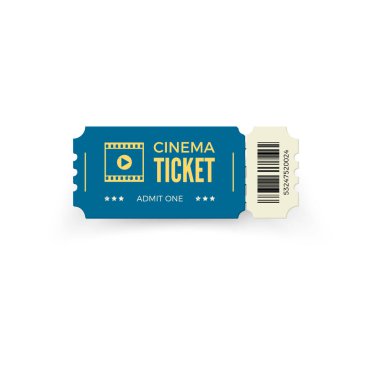 Beyaz arka plan üzerinde izole mavi sinema bilet. Gerçekçi sinema bilet şablonu. Vektör çizim