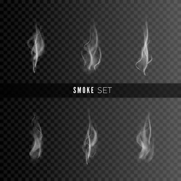 Conjunto de fumaça isolado em fundo escuro. Modelo de fumo. Textura de fumo. Ilustração vetorial —  Vetores de Stock