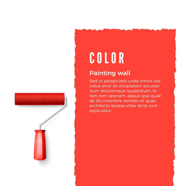 Farbwalze mit roter Farbe und Platz für Text oder anderes Design an der senkrechten Wand. Rollerpinsel für Text. Vektorillustration — Stockvektor