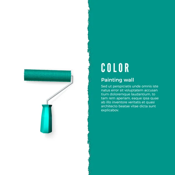 Malování válečkem s zelené barvy a prostor pro text nebo jiné design na svislé zdi. Válcový kartáč pro text. Vektorové ilustrace — Stockový vektor