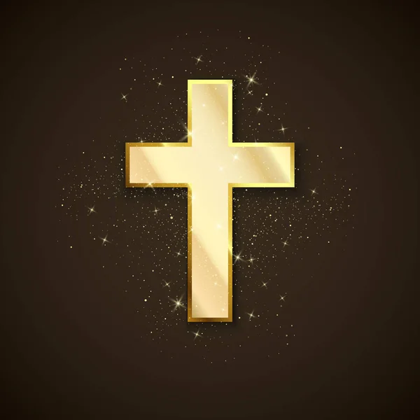 Cruz de Ouro símbolo do cristianismo. Cruz de metal sagrado em fundo escuro. Símbolo de esperança e fé. Vetor —  Vetores de Stock