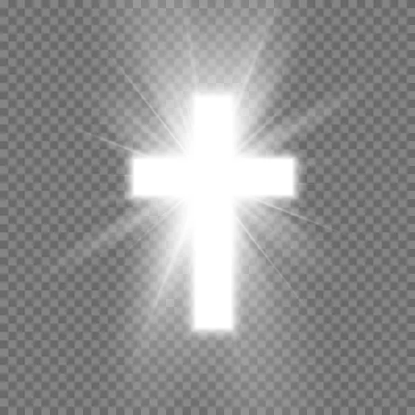 Λευκός Σταυρός με λαμπερό σύμβολο του Χριστιανισμού. Σύμβολο ελπίδας και πίστης. Εικονογράφηση διανύσματος απομονωμένη σε διαφανές φόντο — Διανυσματικό Αρχείο