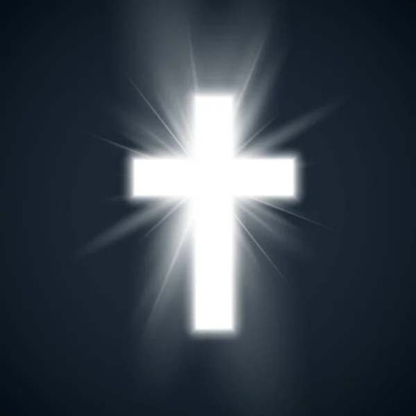 Hristiyanlığın parıltılı sembolü olan Beyaz Haç. Karanlık arka planda kutsal haç. Umut ve inancın sembolü. Vektör illüstrasyonu — Stok Vektör