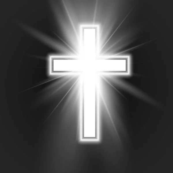 Croix blanche avec cadre et éclat symbole du christianisme. Symbole d'espérance et de foi. Illustration vectorielle isolée sur fond sombre — Image vectorielle