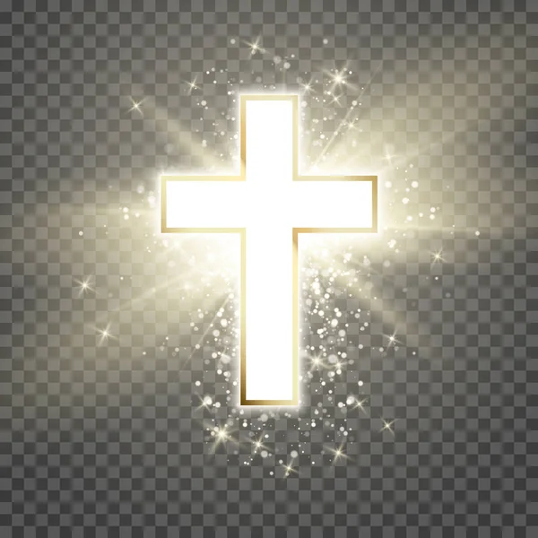黄金のフレームとキリスト教の輝きのシンボルとホワイトクロス。希望と信仰の象徴。透明背景に孤立したベクトル図 — ストックベクタ