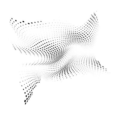 Dinamik dalgalarla soyut yarım ton arkaplan. Warp noktaları yüzeye çıkıyor. Çarpık çizgi ve parçacıklar. Beyaz üzerine izole edilmiş tasarım için vektör illüstrasyonu