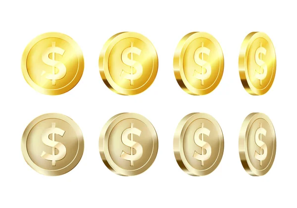 Rotation metalliska guldmynt mall. Gulddollarsikon. Affärs symbol för pengar. Vektorillustration — Stock vektor
