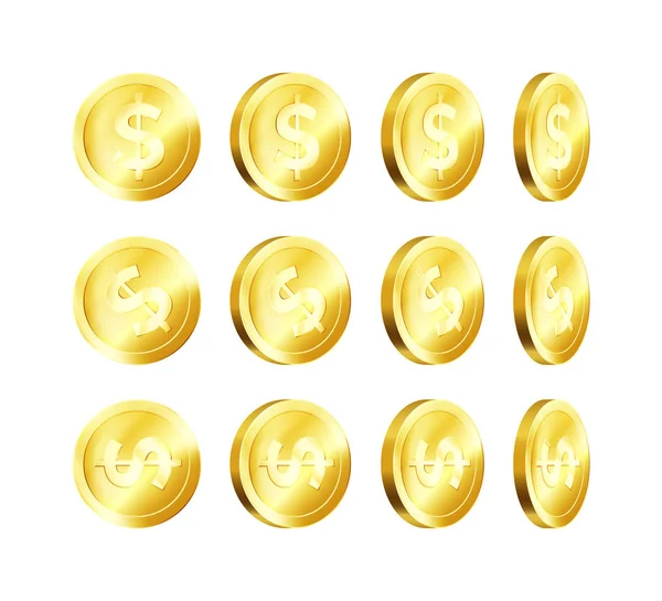 Rotace kovové zlaté mince. Zlatý dolar. Obchodní symbol peněz. Vektorová ilustrace — Stockový vektor