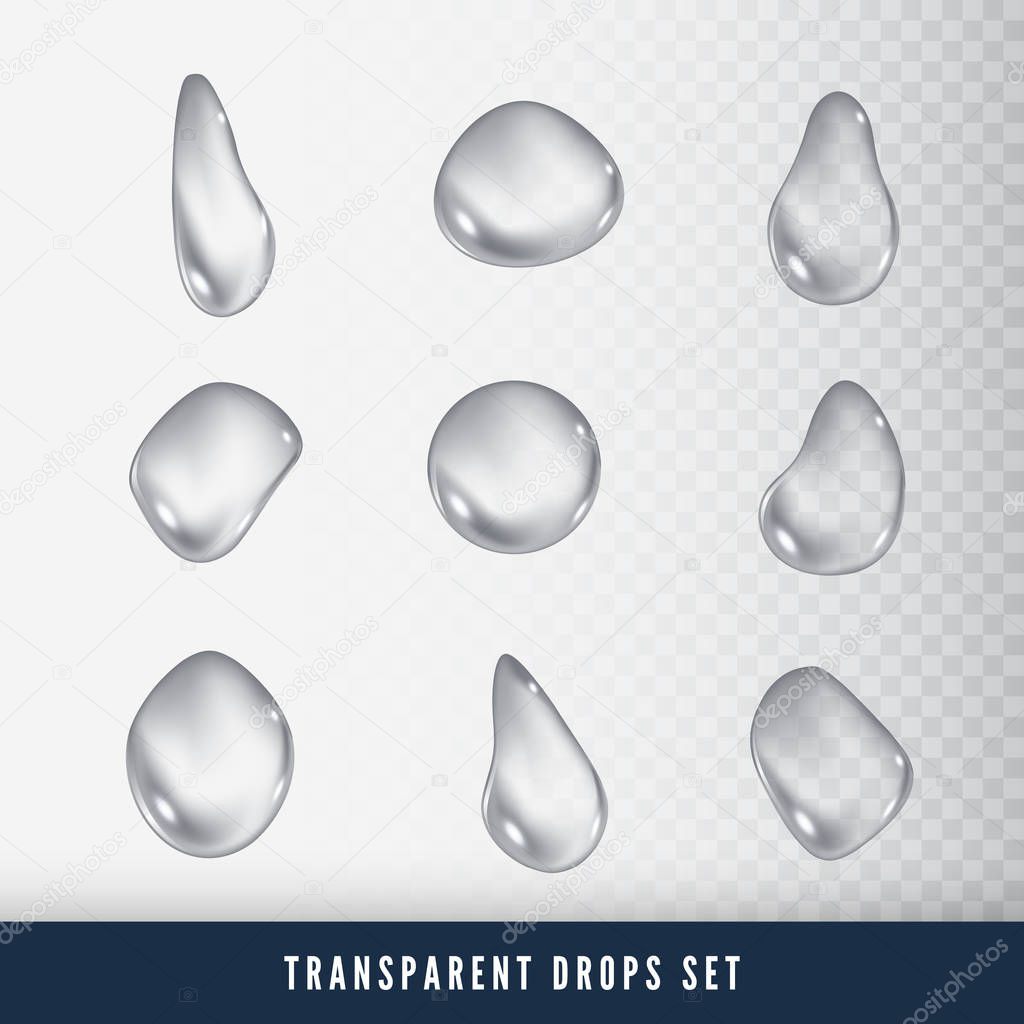 Set of Drops. Liquid clear droplet. Dew on glass surface. vector illustration on transparent background