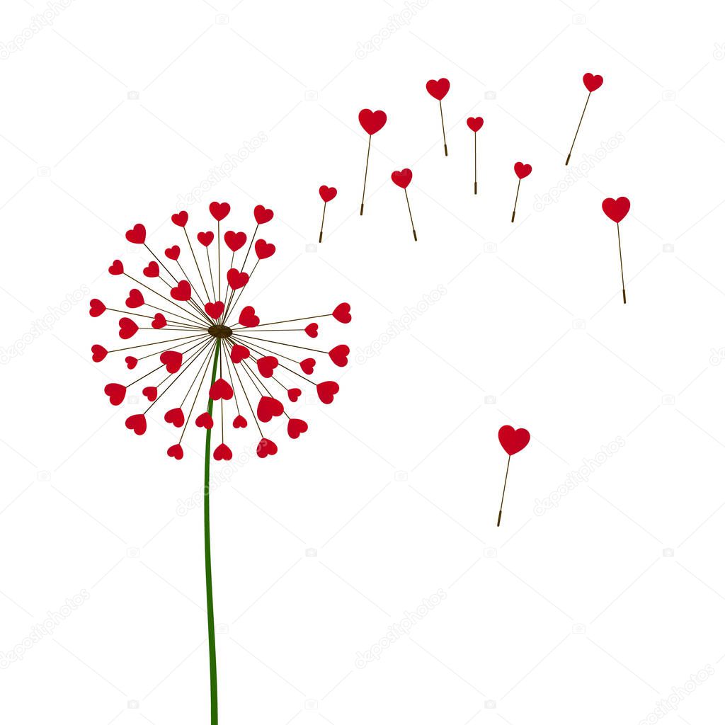 Romantic Valentine's background. Dandelions with flying hearts. February 14 holiday of love. Vector