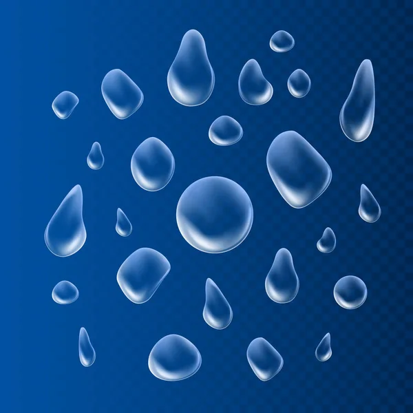 Σταγόνες. Καθαρή σταγόνα υγρού. Πλύση σε γυάλινη επιφάνεια. διανυσματική απεικόνιση σε μπλε φόντο — Διανυσματικό Αρχείο