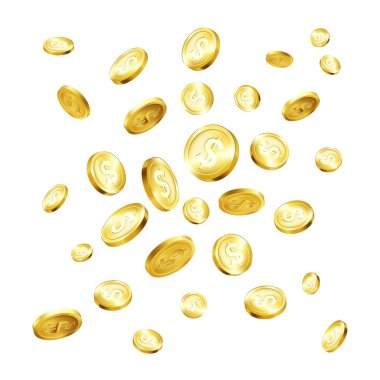 Düşen altın paralar. Para yağmuru. Büyük kumarhane ve ikramiye. İş ve finans alanında başarı. Parlak metal paralar. Vektör