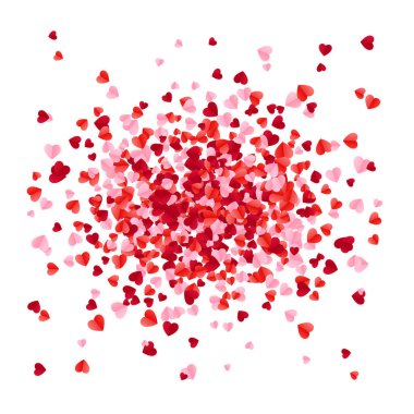 Kırmızı pembe ve gül saçılmış kağıt kalpler konfetisi. Renkli Tatil Dekorasyonu. Sevgililer günün kutlu olsun tebrik kartı kapağı. Vektör illüstrasyonu