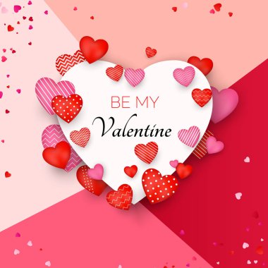 Sevgililer günü kartım ol. Kırmızı ve pembe kalpler beyaz kart etrafında selamlama mesajı ile. Vektör illüstrasyonu