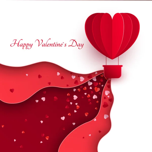 San Valentino con palloncino a forma di cuore rosso tagliato sulla carta che vola. Palloncino vola e lascia una traccia con decorazioni cuori. Illustrazione vettoriale — Vettoriale Stock