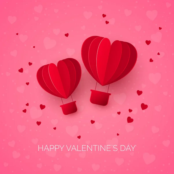 Dia dos Namorados com papel de casal cortar balões de ar forma coração vermelho. Os balões voam e deixam um rasto com corações. Ilustração vetorial — Vetor de Stock