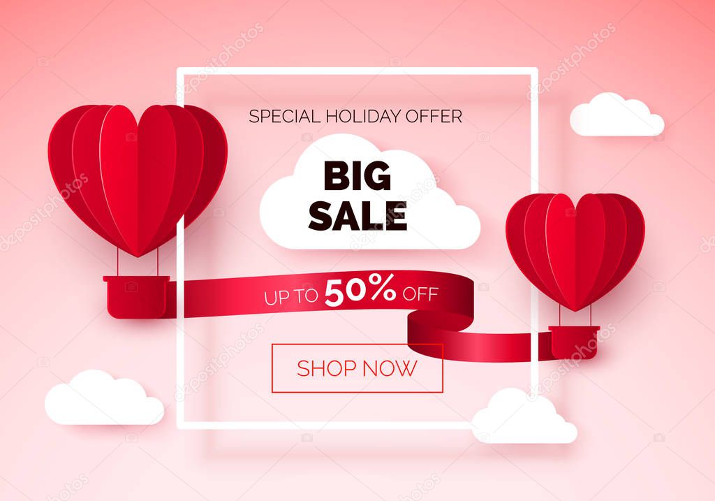 Hot air balloons with red ribbon and discount offer on it. Valentines day seasonal sale. Banner Big Sale with Flying Balloons clouds and white frame. vector 