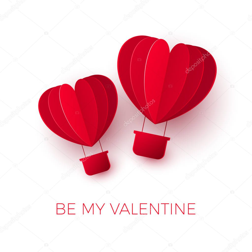 Valentine`s day with paper cut red heart shape air balloon. Couple Balloons flies. Be my Valentine illustration. Vector