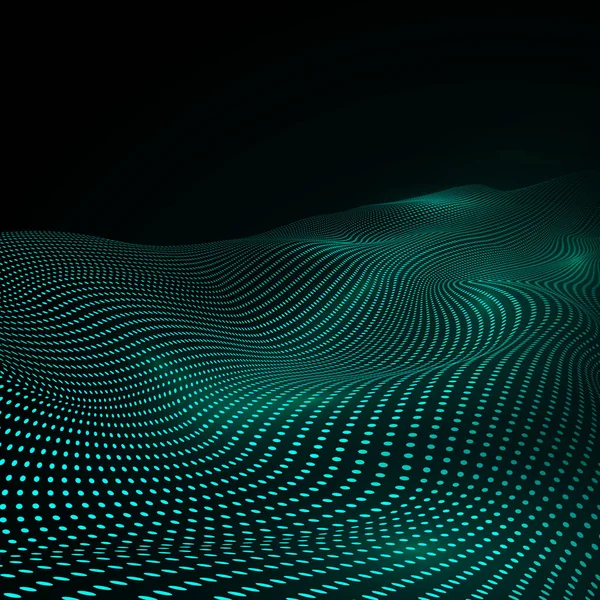 Cibernética ou tecnologia de fundo em cores verdes. Superfície de Warp da matéria. Paisagem digital abstrata com partículas fluidas. Ilustração vetorial — Vetor de Stock