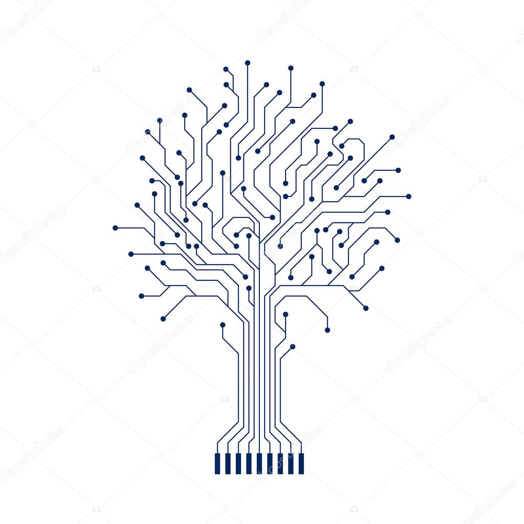 Abstract Circuit Tree Silhouette. Computer engineering hardware system. Technology design element. Vector