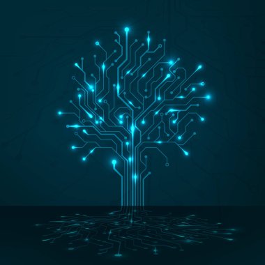 Circuit tree on blue background. Science and technology concept. Computer motherboard system. Modern hardware design. Vector
