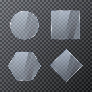 Set of empty glass geometric banners. Glossy frame template with reflection. Vector illustration isolated on transparent background