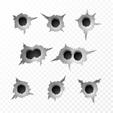 Bullet Hole. Torn surface from bullet. Ripped metal on transparent background. Vector illustration clipart