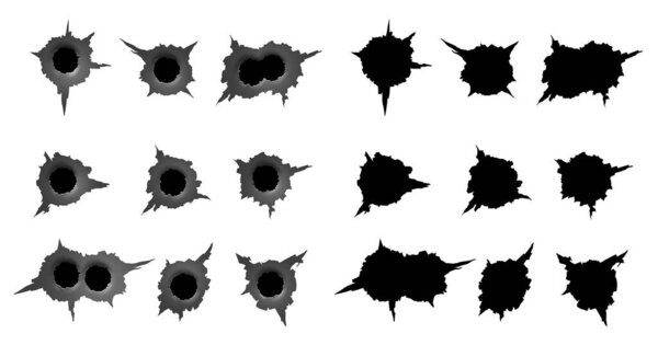 set of bullet holes. different damaged element from bullet on metallic surface. vector illustration