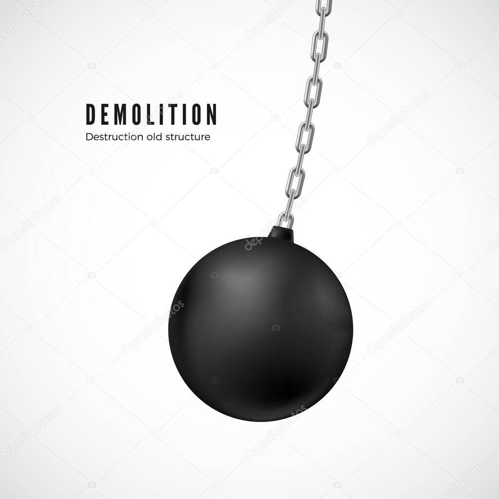 Demolition ball on chain in motion. Heavy black wrecking ball for buildings destruction. Vector