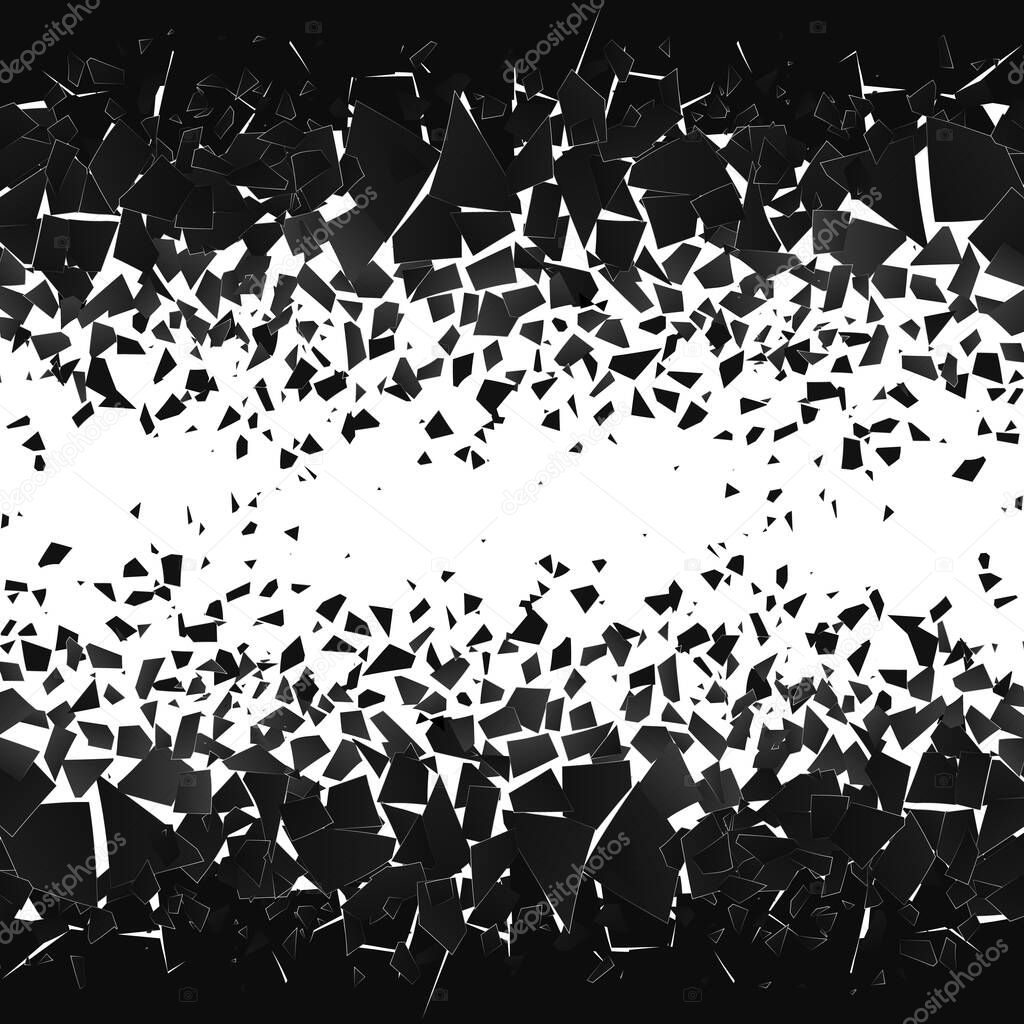 Shatter and destruction halftone effect. Abstract cloud of pieces and fragments after explosion. Vector
