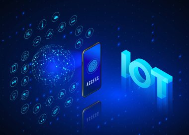 İnternet konsepti. IOT izometrik pankart. Dijital küresel ekosistem. Telefonla izleme ve kontrol etme. Mavi teknoloji geçmişi. Vektör illüstrasyonu