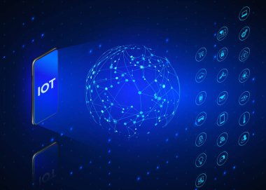 IOT. Şeylerin İnterneti izometrik simgeler seti. Cep telefonu kullanarak tüm dijital sistemlerin izlenmesi ve kontrol edilmesi. Teknoloji arka planı mavi renklerde. Vektör illüstrasyonu