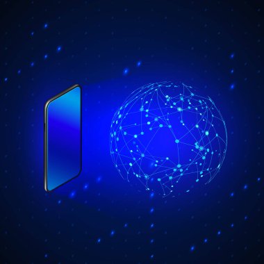 Mobil ekrandan Hologram Global Ağ. Geleceğin teknolojisi 5G ve 6G mobil internet. IOT veya AI soyut izometrik pankart. Vektör 