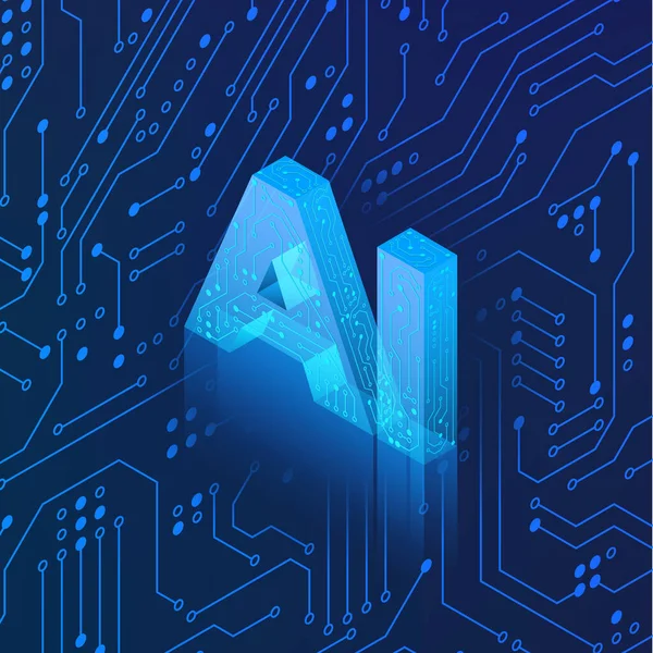 电路背景上的人工智能全息图 等距人工智能概念 蓝色科技背景 机器学习 — 图库矢量图片