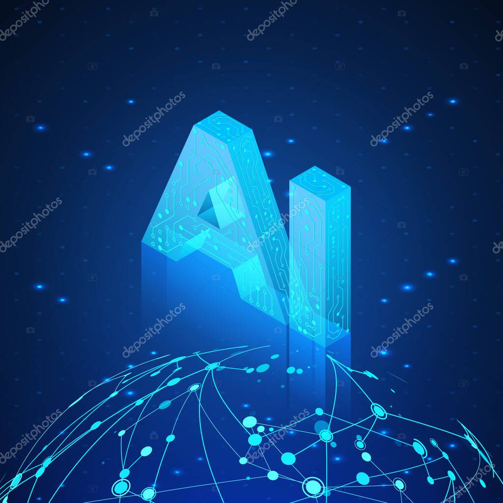 AI hologram over Global Network. Artificial intelligence isometric banner. Fuuristic Technology background. Vector