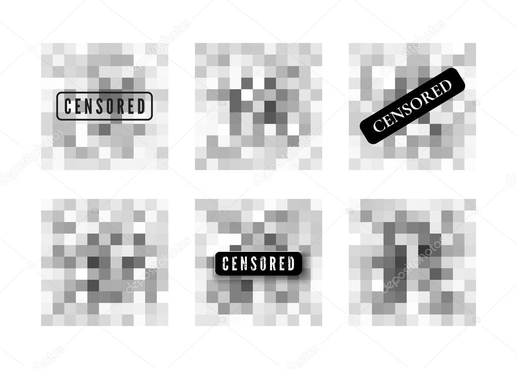 Censored data. Transparent pixels blure area. Decrease sharpness in illustration. Private content. Censorship mosaic. Vector 