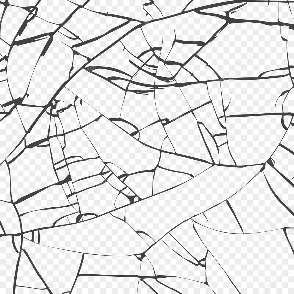Surface of broken glass texture. Sketch shattered or crushed glass effect. Vector isolated on transparent background