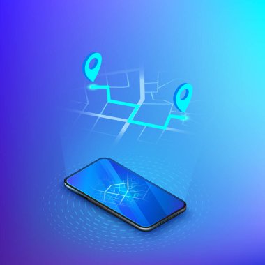 Navigasyon ya da GPS. Teslimat servisi izometrik afişi. Mobil uygulama Taksi ya da nakliye. Şehir haritası akıllı telefon ekranında hologramla birlikte. Vektör illüstrasyonu