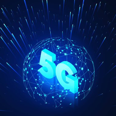 Yüksek hızlı 5G küresel mobil ağlar. İş izometrik illüstrasyon küresel ağ hologramı ve metin 5G. Modern veri aktarım teknolojisi. Kablosuz ağ. Vektör 
