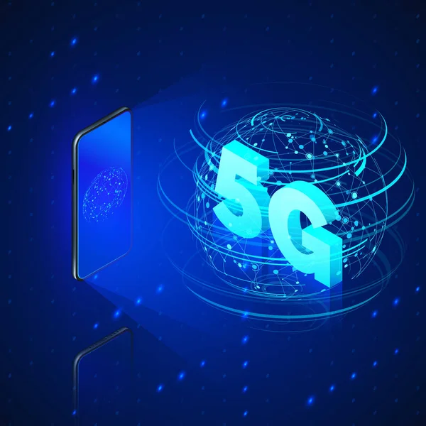 5G hızlı mobil ağlar. Cep telefonu ve web bağlantısının hologramı veya içinde 5G izometrik metin bulunan küresel kablosuz ağlar. Teknoloji geçmişi. Vektör illüstrasyonu