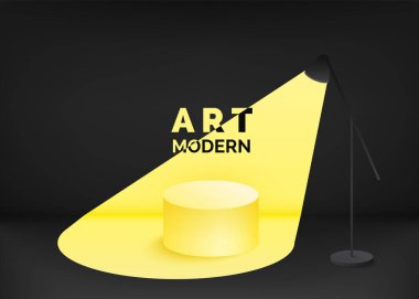 Modern sanat. Sahneye karışan lambadan çıkan sarı ışık lekesi. Siyah ve sarı tasarım çağdaş boş podyum. Vektör illüstrasyonu