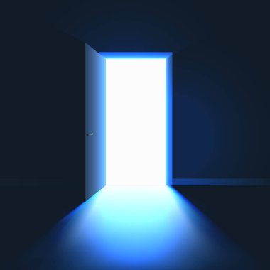 Umut çözümünün ya da fırsatların simgesi olan karanlık odada Açık Kapı. Açık kapıdan içeri ışık girsin. Vektör illüstrasyonu