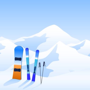 Kayak merkezi. Aşırı faaliyet afişi. Tepe ve ana caddelerde kayak ve snowboard. Vektör