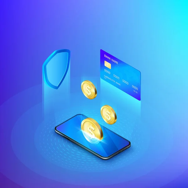 手机和下落的金币信用卡和盾的概念 网上银行或存款货币等距横幅 银行账户或支付服务的安全 — 图库矢量图片