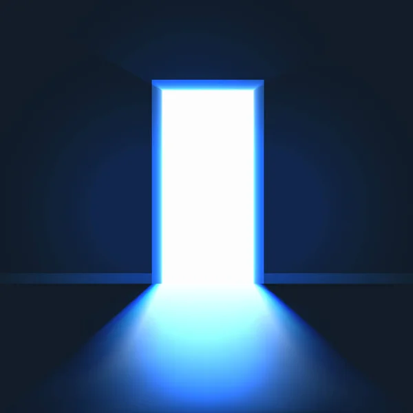 Puerta Abierta Habitación Oscura Símbolo Esperanza Solución Luz Brillante Habitación — Vector de stock