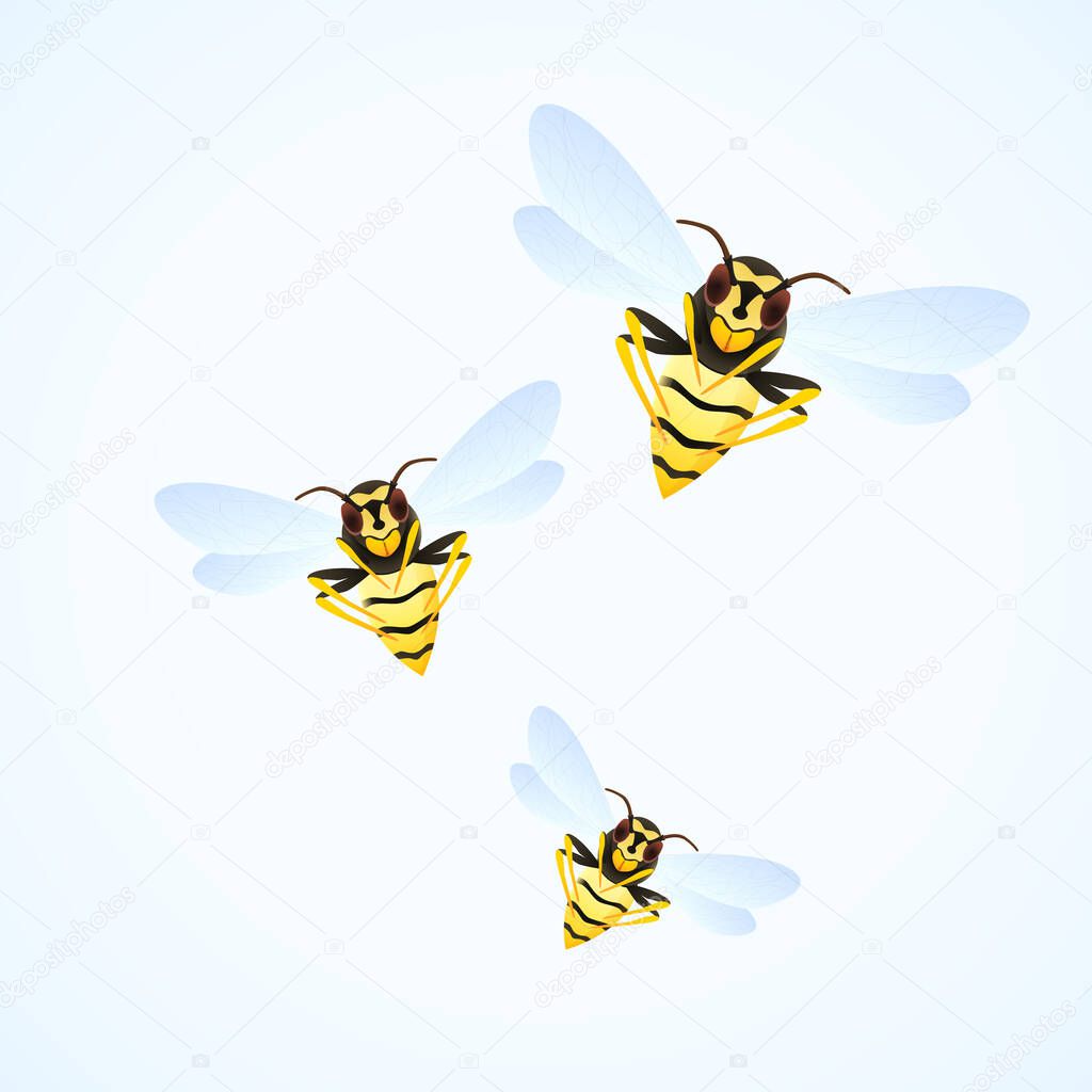 Wasp swarm cartoon illustration isolated on white background. poisonous insect. Yellow wasps. Vector