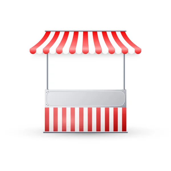 stock vector Realistic empty market stall with red and white striped awning. Template street trading, retail stand for grocery goods. Vector illustration