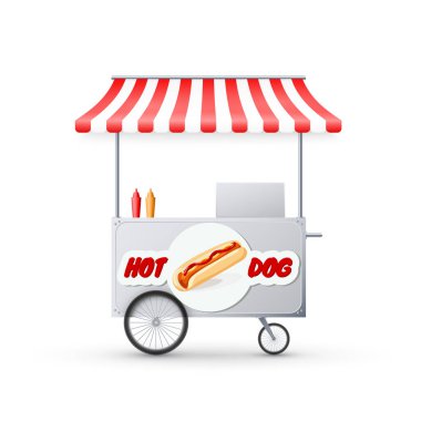 Tenteli Hot Dog Cart. Mobil cadde fast food pazarı. Tekerlekli dükkan. Vektör illüstrasyonu