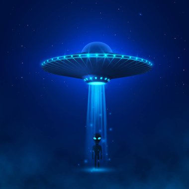 Gece gökyüzünde ışık huzmesi olan bir UFO. Uzaylı inişi ya da istilası. Sisin içinde duran büyük yeşil gözlü bir uzaylı. Bilim kurgu konsepti. Vektör illüstrasyonu