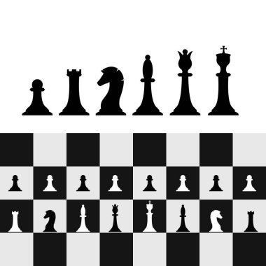 Satranç tahtasındaki satranç taşları. Satranç stratejisi ve taktiği. Vektör illüstrasyonu
